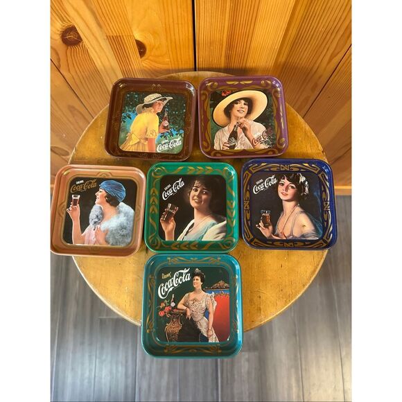 VINTAGE COCA COLA  LOT OF 6 LIBERTY METAL COASTERS 4 1/4" x 4 1/4" MADE IN ITALY - Picture 1 of 10